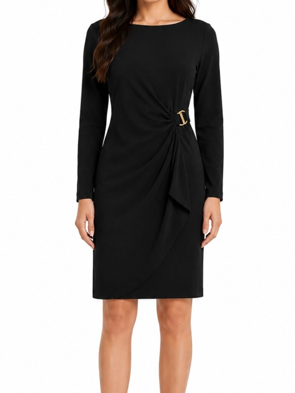 NWT DKNY Solid Black S12 Long Sleeve Old Money Vibes Wrap Cocktail Chic Dress
